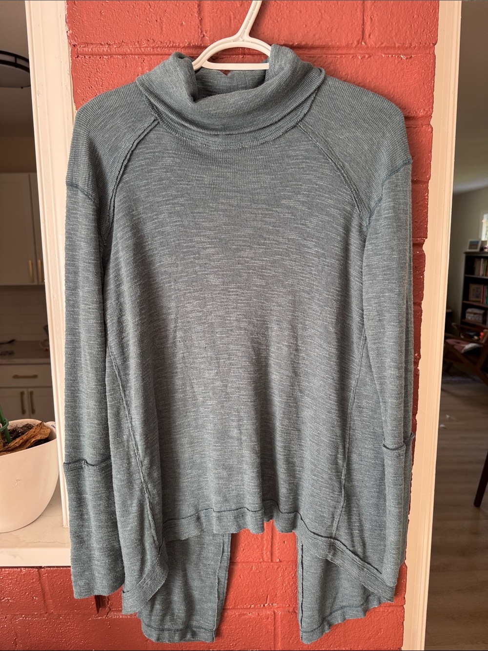 We The Free Teal Mock Neck Cowl Split Back Long Sleeve Top Small
